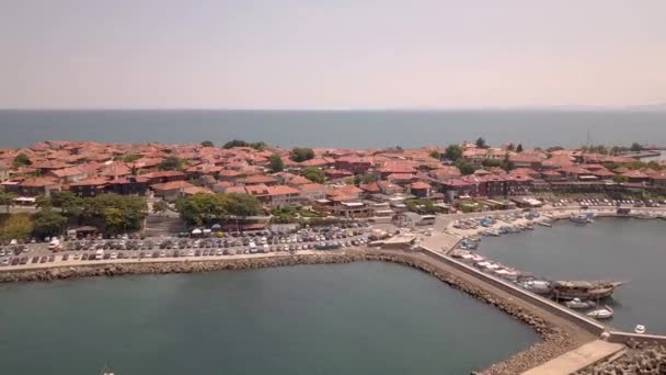 Luchtfoto Van Oude Stad Nessebar Gelegen Aan Zwarte Zee Kust — Stockvideo