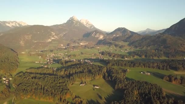 Veduta Aerea Prati Verdi Con Villaggi Boschi Nelle Alpi Austriache — Video Stock