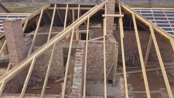 Aerial View House Construction Works Unfinished Brick Building Wooden Frame — Stock Video