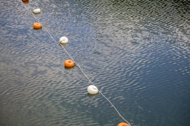 Su yüzeyinde beyaz ve sarı kısıtlama işaretleri olan halat 