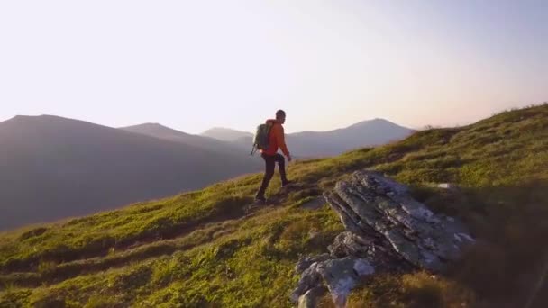 Tourist Hiker Backpack Walking Mountain Path Carpathian Mountains Man Tourist — Stock Video
