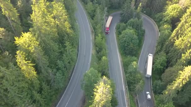 Vista Aérea Carretera Sinuosa Con Coches Siega Camiones Bosques Densos — Vídeos de Stock