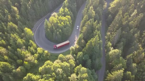 Vista Aérea Carretera Sinuosa Con Coches Siega Camiones Bosques Densos — Vídeos de Stock