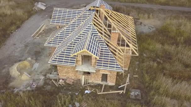 Aerial View House Construction Works Unfinished Brick Building Wooden Frame — Stock Video