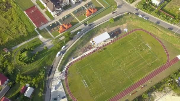 Vista Aérea Campo Futebol Estádio Coberto Com Grama Verde Área — Vídeo de Stock