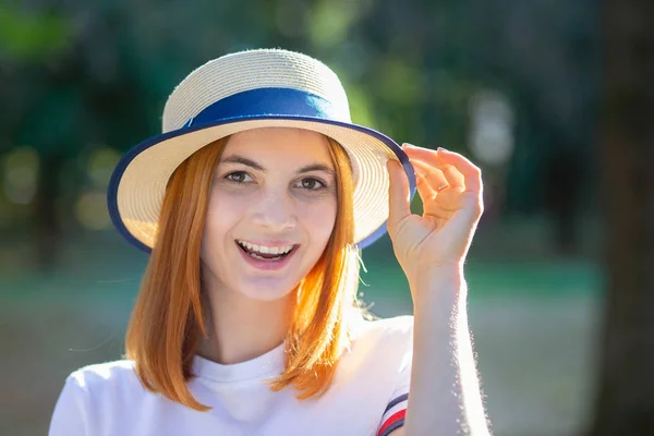 Closeup portrait of redhead hipster teenage girl in yellow hat s — Stock Photo, Image