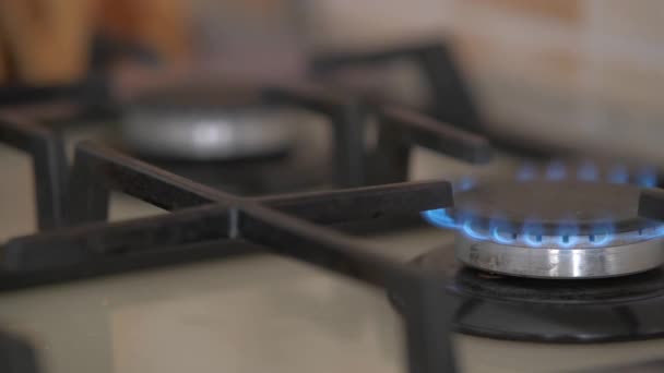 Primer Plano Fuego Azul Estufa Cocina Doméstica Cocina Gas Con — Vídeo de stock