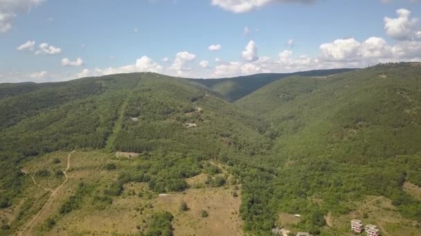 Aerial View Mountains Covered Forest Trees Blue Sky — Stockvideo