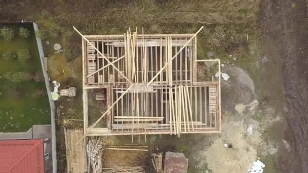 Top Aerial View House Construction Wooden Roof Frame — Stock Video