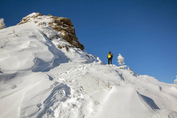 Silueta de turista solo de pie en la cima de la montaña nevada disfrutar —  Fotos de Stock