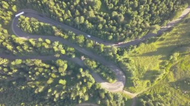 Yoğun ormandan geçen yüksek dağ geçidinde arabaları ve kamyonları biçen virajlı yolun hava manzarası.
