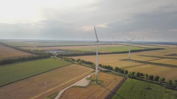 Vista Aérea Los Generadores Aerogeneradores Campo Que Producen Electricidad Ecológica — Vídeos de Stock