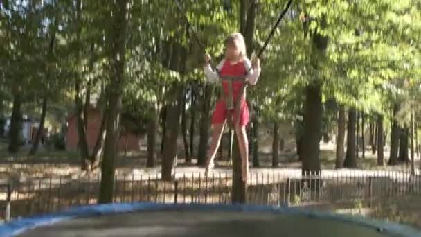 Niña Saltando Abrochado Trampolín Parque Verano — Vídeo de stock