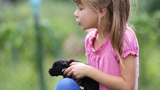 かわいいです子供女の子遊びますとともに小さな子犬屋外で夏 — ストック動画