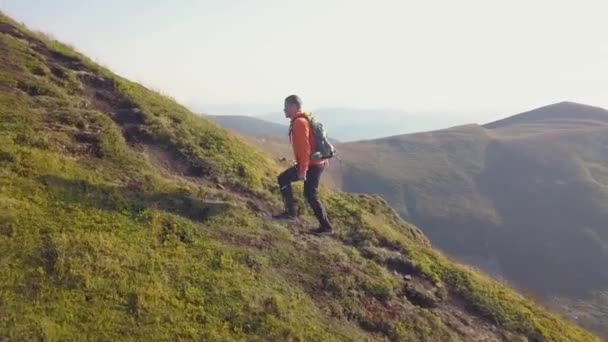 Tourist Hiker Backpack Walking Mountain Path Carpathian Mountains Man Tourist — Stock Video