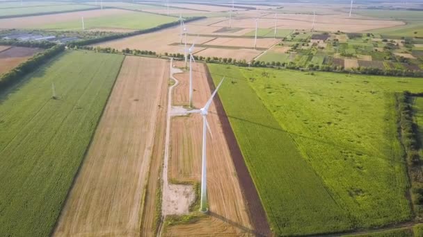 Vista Aérea Los Generadores Aerogeneradores Campo Que Producen Electricidad Ecológica — Vídeos de Stock