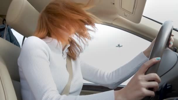 Young Woman Driver Having Fun Wheel Listening Music Car — Stock Video