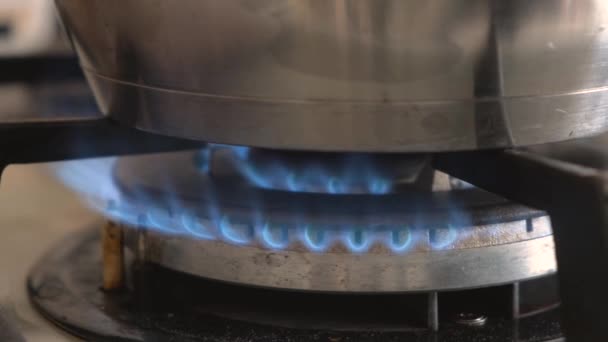 Close Tiro Fogo Azul Fogão Cozinha Doméstica Fogão Gás Com — Vídeo de Stock