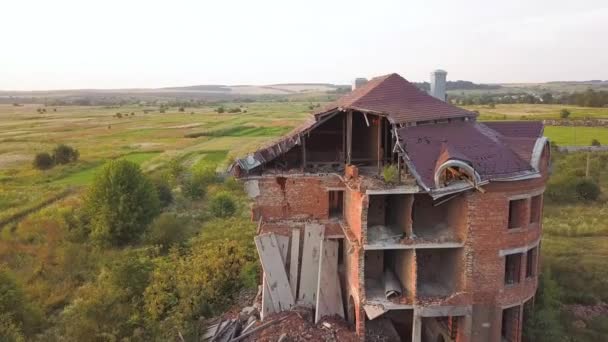 Aerial View Old Ruined Building Earthquake Collapsed Brick House — Stockvideo