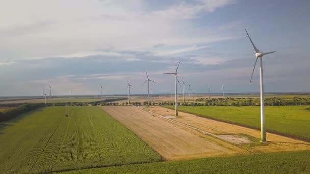 Luchtfoto Van Windturbinegeneratoren Het Veld Die Schone Ecologische Elektriciteit Produceren — Stockvideo