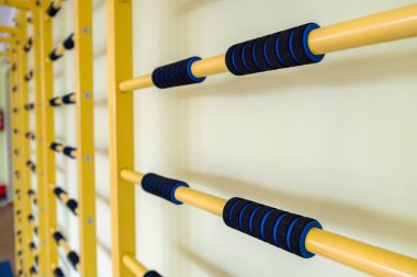 Spor salonunun içinde spor salonu eğitimi için merdiven demirli bir duvar.