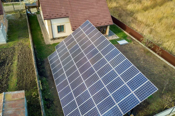 Aerial view of big blue solar panel installed on ground structur — Stock Photo, Image