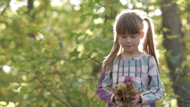 Портрет Счастливой Девочки Бросающей Осенью Желтые Листья Воздух Ярком Размытом — стоковое видео