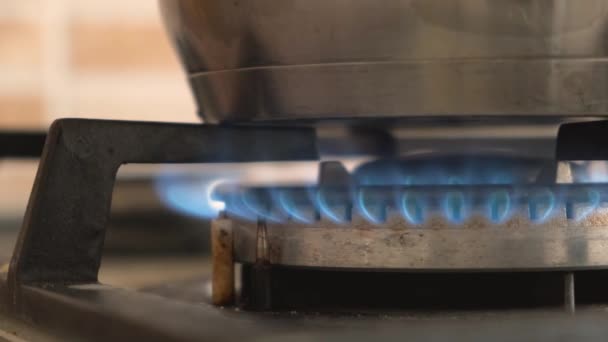 Closeup Shot Blue Fire Domestic Kitchen Stove Gas Cooker Burning — Stock Video