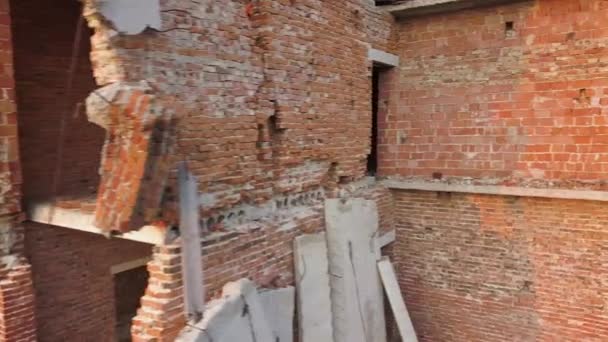 Aerial View Old Ruined Building Earthquake Collapsed Brick House — Stock Video