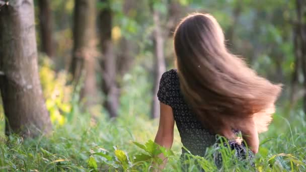 Junge Frau Mit Langen Haaren Sitzt Draußen Sommerlichen Feldgras Und — Stockvideo