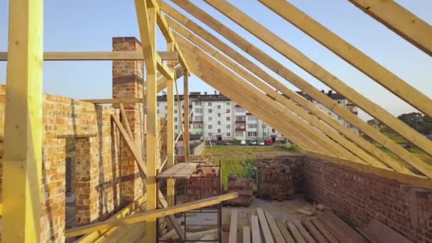 Aerial View Unfinished Brick House Wooden Roof Structure Construction — Stock Video