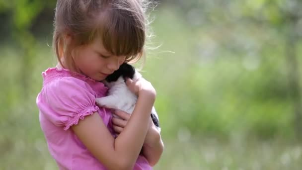 Menina Bonita Brincando Com Filhote Cachorro Livre Verão — Vídeo de Stock