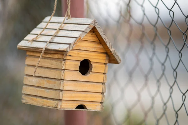 Pequena casa de pássaro de madeira pendurada em um galho de árvore ao ar livre . — Fotografia de Stock