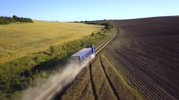 Flygfoto Lastbil Som Kör Grusväg Mellan Plogade Fält Gör Mycket — Stockvideo