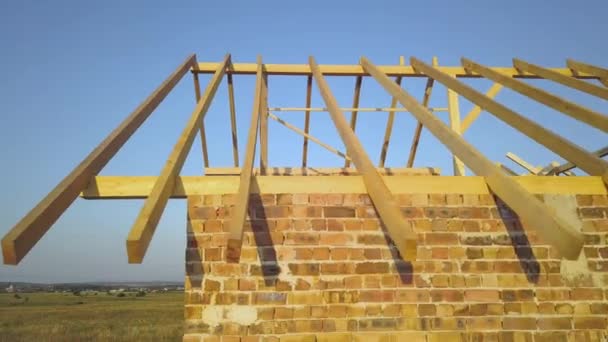 Aerial View Unfinished Brick House Wooden Roof Structure Construction — Stock Video