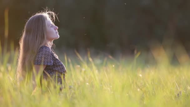 Young Woman Long Hair Sitting Outdoors Summer Field Grass Enjoying — Stock Video