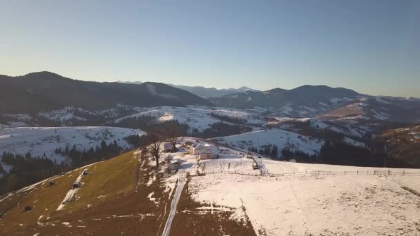 Letecký Pohled Malou Vesnici Roztroušenými Domy Zasněžených Kopcích Zimě Holé — Stock video