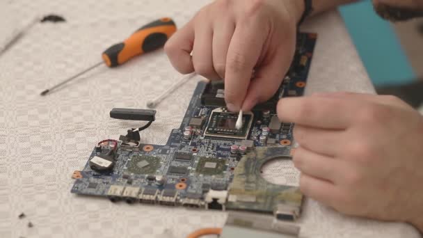 Closeup Technician Hands Repairing Laptop Computer Cooling System — Stock Video