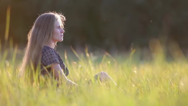 Jonge Vrouw Met Lang Haar Zitten Buiten Zomer Veld Gras — Stockvideo