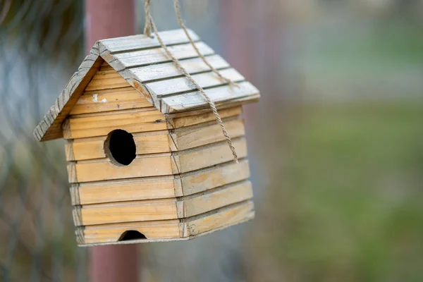 Kleines hölzernes Vogelhaus, das im Freien an einem Ast hängt. — Stockfoto