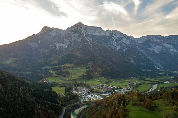 Aerial view of green meadows with villages and forest in austria — Stock Photo, Image