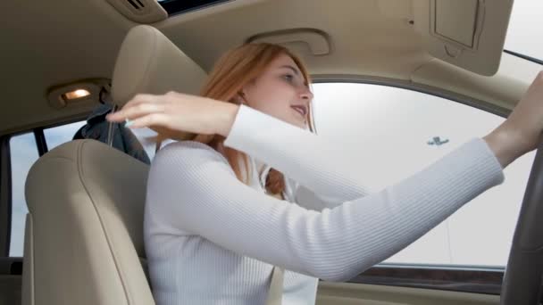 Young Woman Driver Having Fun Wheel Listening Music Car — Stock Video