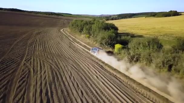 Top Aerial View Fast Driving Car Dirt Road Leaving Cloud — Stock Video
