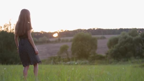 Jovem Mulher Vestido Levantando Mãos Livre Campo Grama Pôr Sol — Vídeo de Stock