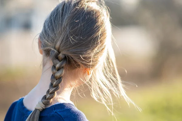 Portrait d'une jolie enfant fille avec tresse dans les cheveux à l'extérieur . — Photo