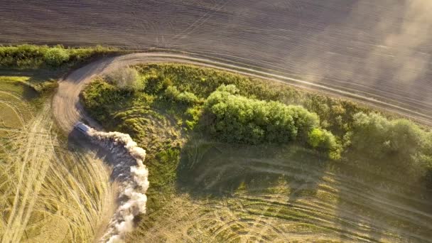 Bovenaanzicht Vanuit Lucht Van Snelrijdende Auto Onverharde Weg Waardoor Stofwolk — Stockvideo