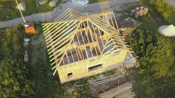 Aerial View Unfinished Brick House Wooden Roof Structure Construction — Stock Video