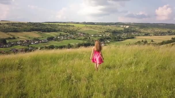 Mujer Yong Con Pelo Largo Vestido Rojo Caminando Campo Verano — Vídeos de Stock