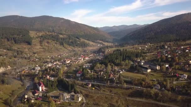 Luchtfoto Van Herfst Berglandschap Met Groenblijvende Pijnbomen Gele Herfst Bos — Stockvideo