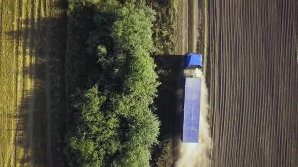 Vista Aérea Camión Conduciendo Por Camino Tierra Entre Campos Arados — Vídeos de Stock